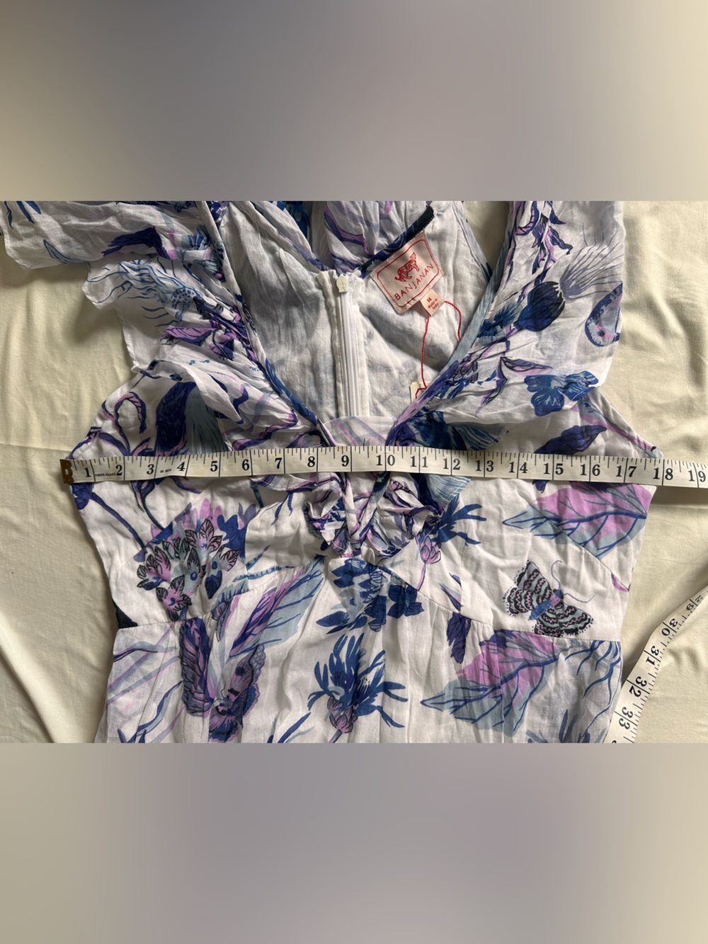 Banjanan White Maxi Dress with Blue Floral Print 100% Cotton Gladys - Picture 11 of 14